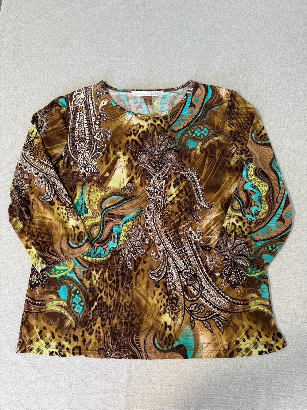 Peter Nygard Brown and Teal Paisley Animal Print 3/4 Sleeve Top SZL - Picture 13 of 14